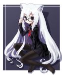  1girl adjusting_glasses animal_ears cat_ears glasses katahira_masashi long_hair original pantyhose school_uniform serafuku sitting solo very_long_hair white_hair yokozuwari 