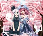  2girls aqua_eyes arm_around_neck arm_on_shoulder bad_id cherry_blossoms closed_fan covering covering_face covering_mouth fan female folding_fan ghost hairband hat japanese_clothes kimono konpaku_youmu konpaku_youmu_(ghost) multiple_girls one_eye_closed photo_(object) pink_hair planet_time red_eyes ribbon saigyouji_yuyuko short_hair touhou viewfinder white_hair wink yumoto_(planet) 