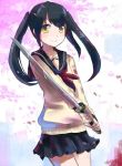  bad_id black_hair cherry_blossoms katana long_hair original riru school_uniform serafuku smile sword twintails weapon yellow_eyes 