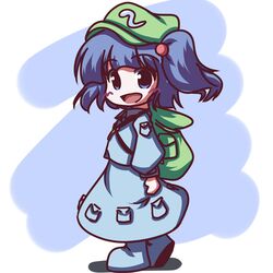  1girl backpack bag blue_eyes blue_hair female fictional_sister hair_bobbles hair_ornament hat kawashiro_nitori randoseru solo touhou two_side_up 