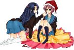  2girls asakura_ryouko cardigan christmas half_updo hat multiple_girls nagato_yuki one_eye_closed poking santa_hat school_uniform serafuku suzumiya_haruhi_no_yuuutsu tashimo wink wrapping 