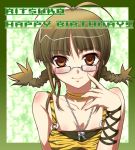  1girl adjusting_glasses ahoge akizuki_ritsuko blush braid breasts brown_eyes brown_hair choker cleavage closed_mouth collarbone cool_&amp;_sexy_(idolmaster) female glasses idolmaster jewelry kantaka looking_at_viewer necklace pendant short_twintails smile solo twin_braids twintails upper_body 
