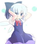  1girl alternate_hairstyle blue_eyes blue_hair blush_stickers bow bowtie cirno colored_eyelashes dress female hair_ribbon hairdressing jpeg_artifacts oka_(bananashoe) ponytail ribbon short_hair solo the_embodiment_of_scarlet_devil touhou wavy_mouth wings 