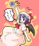  bad_id bat_wings blue_hair fang female hat red_eyes remilia_scarlet ribbon short_hair tamutamu-t touhou translation_request vampire wings 