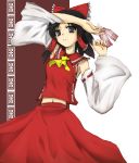  1girl black_eyes black_hair detached_sleeves female hair_tubes hakurei_reimu japanese_clothes looking_at_viewer midriff miko navel parted_lips pen_(artist) pen_(pen3) red_skirt skirt solo touhou 