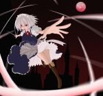  1girl boots braid breasts dress female gradient gradient_background hair_ribbon izayoi_sakuya knife maid moon outdoors red_eyes red_moon ribbon short_hair silver_hair sky solo sourouhoukeisotin throwing_knife touhou twin_braids twintails weapon 