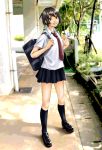  bag brown_hair legs necktie original road sakebuotoko school_uniform serafuku shoes short_hair skirt smile 