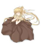  1girl air blonde_hair brown_dress closed_eyes dress full_body kamio_misuzu kodamasawa_izumi long_hair puffy_short_sleeves puffy_sleeves short_sleeves simple_background sitting solo white_background 