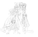  1boy 4girls all_fours arm_support arm_up belt buckle c.c. code_geass es es_(cah60700) euphemia_li_britannia full_body harem kallen_stadtfeld kneeling lelouch_lamperouge long_hair long_sleeves looking_at_viewer monochrome multiple_girls pants pimp pleated_skirt shirley_fenette short_hair simple_background skirt slender thigh-highs very_long_hair white_background zettai_ryouiki 