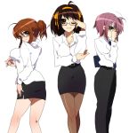  3girls ahoge asahina_mikuru asahina_mikuru_(adult) brown_eyes brown_hair dress_shirt glasses hairband miniskirt multiple_girls nagato_yuki older pants pantyhose pencil_skirt purple_hair shirt skirt suzumiya_haruhi suzumiya_haruhi_no_yuuutsu tashimo teacher 