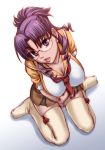  1girl breasts chiba_toshirou cleavage glasses huge_breasts kneeling lips macross macross_frontier matsuura_nanase purple_hair school_uniform serafuku solo thigh-highs zettai_ryouiki 