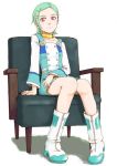  1girl aqua_hair boots chair choker eureka eureka_seven eureka_seven_(series) hair_ornament hairclip naotan short_hair sitting smile solo white_boots 