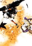  black_hair black_wings blonde_hair broom broom_riding feathers female flying hat kirisame_marisa leaf long_hair moo red_eyes shameimaru_aya short_hair touhou wings witch witch_hat 