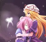  2girls blonde_hair butterfly closed_eyes couple female gloves hand_on_another&#039;s_head hand_on_head hug kiji_(manekinuko-tei) multiple_girls pink_hair saigyouji_yuyuko sleeping touhou violet_eyes yakumo_yukari yuri 