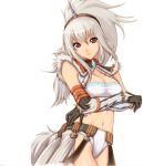  1girl bare_shoulders breasts capcom cleavage elbow_gloves gloves hairband horn horns kirin_(armor) long_hair midriff monster_hunter navel parted_lips solo vest white_hair 