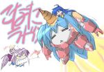  2girls :o =_= ahoge blue_hair closed_eyes drill expressionless flying full_body hiiragi_tsukasa izumi_konata lagann long_hair lucky_star machinery mecha multiple_girls pale_skin parody parted_lips surprised tengen_toppa_gurren_lagann triangle_mouth very_long_hair 