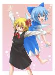  2girls blonde_hair blue_eyes blue_hair cirno female highres multiple_girls outstretched_arms red_eyes ribbon rumia short_hair spread_arms the_embodiment_of_scarlet_devil touhou wings youkai yuuta_(tokoton_hirune_hiyori) 
