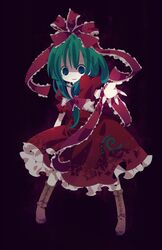  1girl ana_(artist) ana_(rznuscrf) beckoning blue_eyes boots bow cross-laced_footwear female front_ponytail green_hair hair_bow hair_ribbon kagiyama_hina lace-up_boots outstretched_arm outstretched_hand ribbon shaded_face simple_background solo standing touhou 