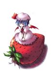  1girl bat_wings blue_hair female food fruit hat in_food minigirl onimaru_gonpei red_eyes remilia_scarlet solo strawberry touhou wings 