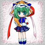 aoi_mitsuru aqua_eyes bad_id chibi female green_hair hat ribbon rod_of_remorse shiki_eiki short_hair touhou 