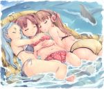  3girls bikini blue_hair brown_hair headphones knucklecurve multiple_girls ocean original polka_dot polka_dot_bikini polka_dot_swimsuit shark side-tie_bikini sleeping swimsuit water wet 