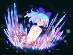  1girl ahoge bad_id blue_eyes blue_hair cherry_blossoms cirno crystal female flat_chest hands_together ice mame_usagi multicolored_hair open_mouth petals pink_hair ribbon solo topless touhou 