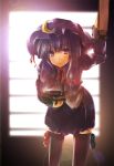  1girl bad_id book female hat lens_flare long_hair patchouli_knowledge purple_hair ribbon solo teru_teru thigh-highs touhou 