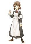 1girl amagai_tarou apron blush brown_hair full_body hair_ribbon looking_at_viewer maid maid_apron mary_janes neck_ribbon original red_eyes ribbon shoes short_hair simple_background solo standing twintails 