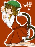  1girl animal_ears bad_id cat_ears cat_tail chen china_dress chinese_clothes dress earrings female hat jewelry kirino_(safeout) paw_pose short_hair simple_background solo tail touhou 