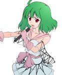  1girl bow cosplay gloves green_hair lynn_minmay lynn_minmay_(cosplay) macross macross_frontier microphone music pink_bow ranka_lee red_eyes rikumoto_yoshiyuki singing solo 