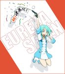  1girl aqua_hair boots choker eureka eureka_seven eureka_seven_(series) gun happy jumping naotan one_eye_closed short_hair solo violet_eyes weapon white_boots wink 