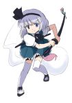  1girl blue_eyes child female flx ghost hairband hitodama katana konpaku_youmu konpaku_youmu_(ghost) lowres parody ready_to_draw ribbon sekaiju_no_meikyuu sheath sheathed short_hair silver_hair solo sword thigh-highs touhou weapon 