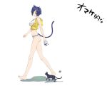  1girl animal_ears barefoot bikini blue_hair breasts cat cat_ears cat_tail green_eyes iizuki_tasuku milk short_hair swimsuit tail under_boob walking 