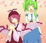  2girls detached_sleeves female green_hair hat japanese_clothes kochiya_sanae long_hair miko motsu_nikomi multiple_girls mystia_lorelei pink_eyes pink_hair short_hair touhou wings yellow_eyes 