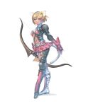  1girl absurdres animal_ears armor ascot blonde_hair blue_eyes bob_cut boots bow_(weapon) brave_story brave_story:_aratanaru_tabibito brown_hair cat cat_ears cat_tail fingerless_gloves flat_chest gloves hairband highres knee_boots midriff navel official_art pleated_skirt short_hair simple_background skirt solo standing tail toe-point weapon whiskers yasuda_akira yuno_(brave_story) 