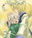  1boy 1girl blonde_hair blush bow closed_eyes fox_tail glasses hand_on_another&#039;s_head hand_on_head happy hat hug morichika_rinnosuke multiple_tails ono_mochiko open_mouth short_hair silver_hair smile tabard tail touhou yakumo_ran yellow_eyes younger 