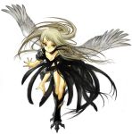  1girl brown_eyes brown_hair feathers harpy long_hair michi_ta_(masquerade) monster_girl simple_background solo wings yellow_skin 
