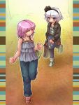  2girls bag blue_eyes casual contemporary female gradient gradient_background hairband konpaku_youmu multiple_girls pink_hair ribbon saigyouji_yuyuko sankuma short_hair silver_hair skirt touhou 