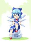  1girl blue_eyes blue_hair bow child cirno fang female frog ice nagamori one_eye_closed ribbon short_hair sitting solo the_embodiment_of_scarlet_devil touhou wink 