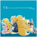  3girls animal_ears blonde_hair blood cat_ears cat_tail chen chibi female fox_ears fox_tail gap hair_brush hair_brushing hug kawanabe long_hair multiple_girls nosebleed ribbon short_hair tail tail_hug touhou translated yakumo_ran yakumo_yukari 