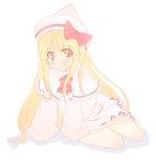  1girl blonde_hair blush bow female hair_ribbon hat hirasato lily_white long_hair looking_at_viewer red_eyes ribbon simple_background solo touhou very_long_hair white_background 
