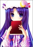  blue_eyes blush book female hair_ribbon hat long_hair minase_kuuru patchouli_knowledge purple_hair ribbon touhou 