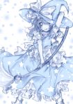  1girl blue broom female hand_on_headwear hat kasuga_sunao kirisame_marisa monochrome solo star touhou witch witch_hat 