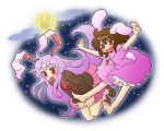  2girls animal_ears arata_iri bad_id barefoot black_hair feet female inaba_tewi long_hair moon multiple_girls outstretched_arms purple_hair rabbit_ears red_eyes reisen_udongein_inaba short_hair spread_arms touhou 