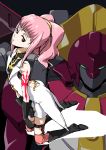 1girl anya_alstreim armor bare_shoulders black_boots black_gloves boots code_geass elbow_gloves expressionless from_above full_body gloves hairband kneeling kneepits looking_up machinery mecha mordred_(code_geass) pink_hair ponytail short_hair sidelocks size_difference solo tattoo violet_eyes 