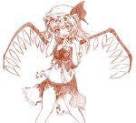  1girl female flandre_scarlet groin hat himeno_suika midriff monochrome mound_of_venus orange_(color) solo torn_clothes touhou wings 