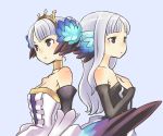  1girl bare_shoulders chan_co choker crown detached_sleeves dress elbow_gloves feathers gloves gwendolyn hair_down hat head_wings long_hair odin_sphere strapless strapless_dress violet_eyes white_hair wings 