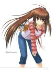  1girl absurdres baseball_glove bell brown_hair cat denim highres jeans little_busters!! long_hair na-ga natsume_rin pants ponytail red_eyes scan simple_background solo 