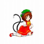  1girl animal_ears brown_eyes brown_hair cat_ears cat_tail chen china_dress chinese_clothes dress earrings female hat jewelry multiple_tails ribbon secchuu_(12:19) simple_background solo tail touhou 