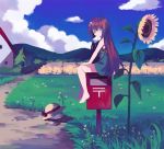  1girl ahoge bad_id barefoot blue_eyes brown_hair clouds dress flower grass hat letter long_hair mailbox mouth_hold original postbox redhead shati sitting sky solo straw_hat sunflower 
